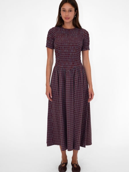 Amy Lynn Purple Beatrix Heritage Check Shirred Cotton Midaxi Dress (G62664) | £89