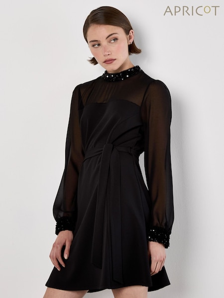 Apricot Black Sequin Trim Belted Dress (G62864) | £46