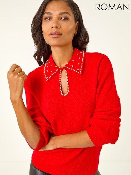 Roman Red Faux Pearl Collared Keyhole Knit Jumper (G63118) | £45