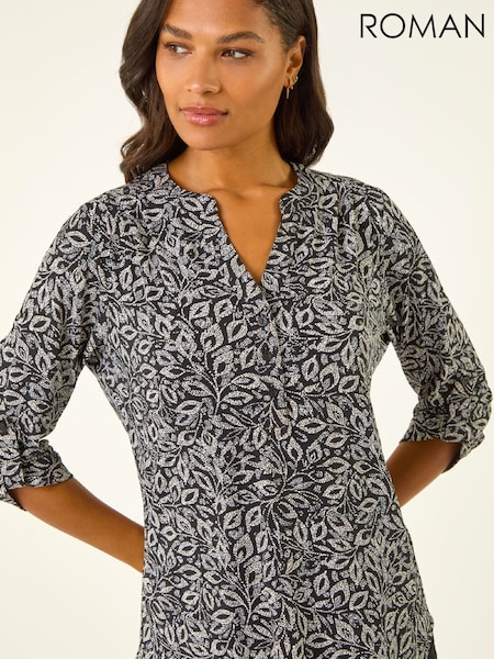 Roman Black Leaf Print V-Neck Stretch Blouse (G63145) | £42