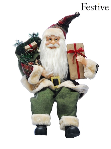 Festive No Colour 45cm Plaid Sitting Santa Christmas Decoration Parcel (G63293) | £35