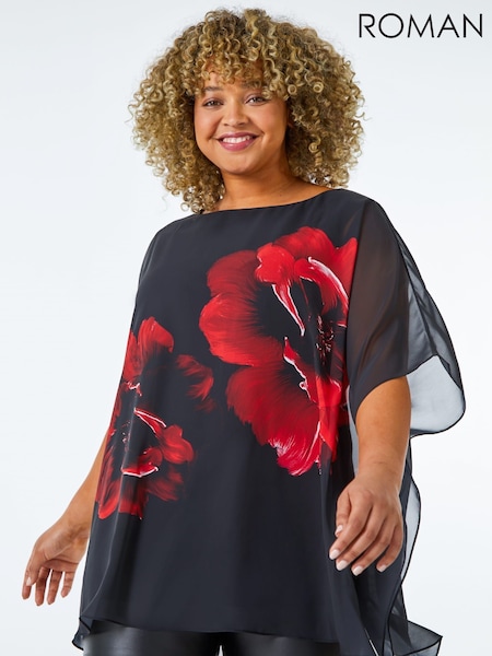 Roman Red Curve Floral Chiffon Overlay Blouse (G63301) | £50