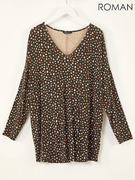 Roman Black Curve Spotted V-Neck Stretch Tunic Top (G63302) | £36