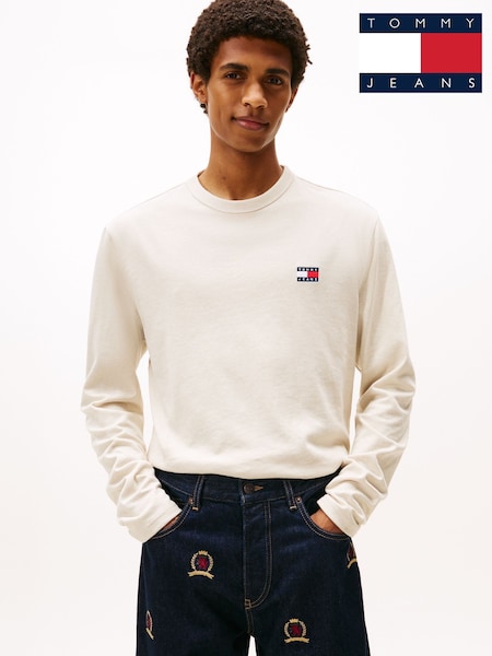 Tommy Jeans White Tonal Badge Long Sleeve T-Shirt (G63375) | £40