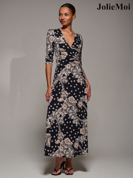 Jolie Moi Black Jersey Ruched Waist Fit & Flare Maxi Dress (G63760) | £78