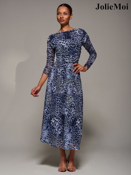 Jolie Moi Black Long Sleeve Asymmetric Gathered Mesh Midi Dress (G63766) | £78