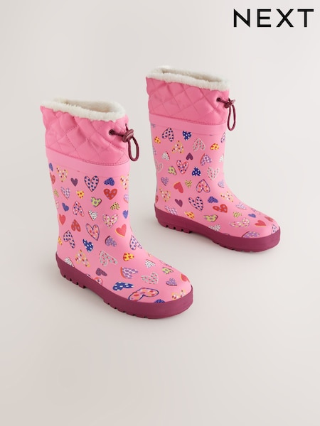 Pink Heart Print - Thinsulate Lined Cuff Wellies