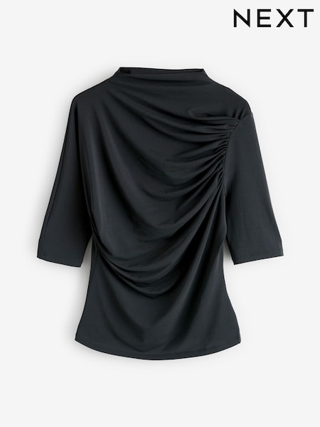 Black 3/4 Sleeve Ruched Drape Top (G63821) | £17