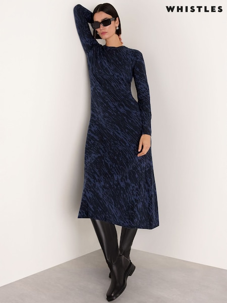Whistles Blue Abstract Marks Midi Knit Dress (G63855) | £159