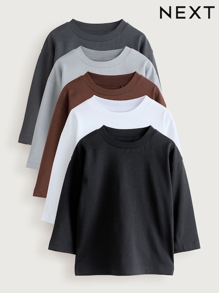 Black/Grey/Brown/Charcoal/White - Long Sleeve T-shirts 5 Pack (3mths-7yrs)