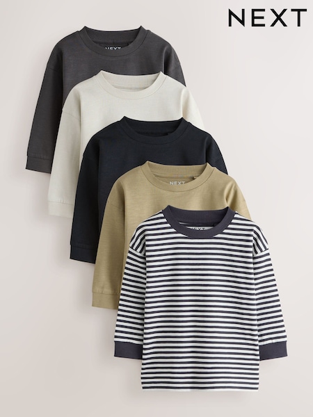 Monochrome Plain Stripe - Long Sleeve T-shirts 5 Pack (3mths-7yrs)