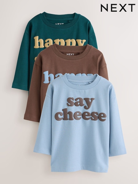 Mutli Blue / Berry / Green Happy Smile Slogan - Long Sleeve Graphic T-shirts 3 Pack (3mths-7yrs)