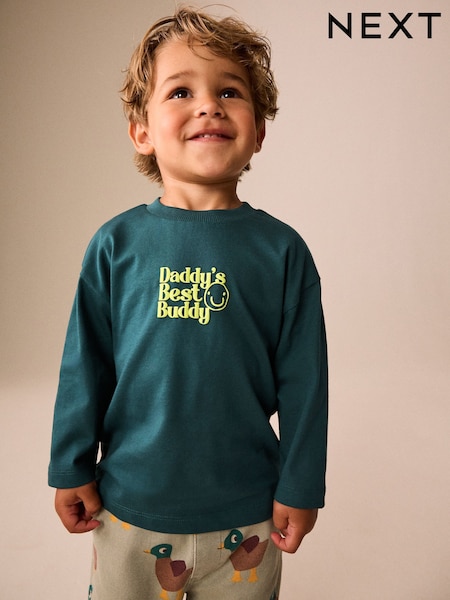 Green Daddys Best Buddy Slogan - Long Sleeve Small Graphic Printed T-shirt (3mths-7yrs)
