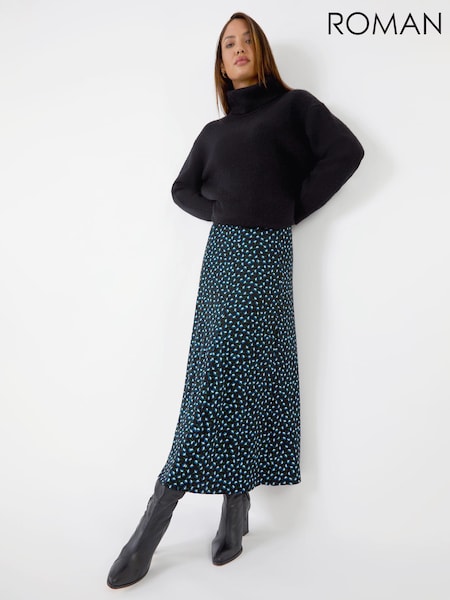 Roman Blue Floral Print Midi Stretch Skirt (G64454) | £35
