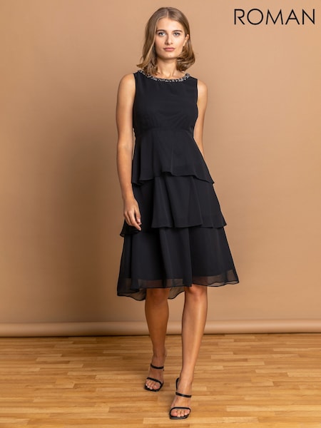 Roman Black Embellished Neck Tiered Chiffon Dress (G64469) | £70
