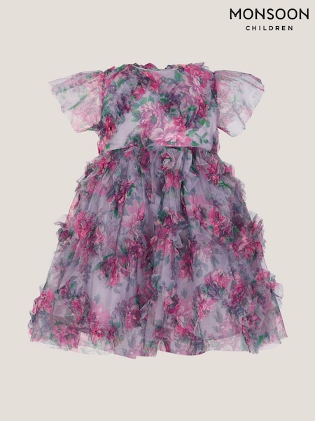 Monsoon Purple Roma Peony Ruffle Party Dress (G64691) | £42 - £44