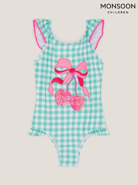 Monsoon Green Sequin Cherry Gingham Swimsuit (G64710) | £22 - £26