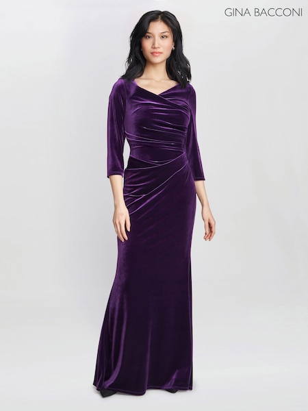 Gina Bacconi Purple Sophie Velvet Maxi Dress With 3/4 Sleeve (G64775) | £270