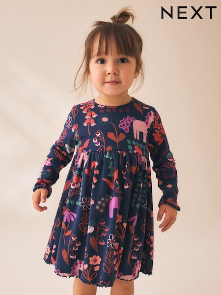 Navy Unicorn - Long Sleeve Ribbed Dress (3mths-7yrs)