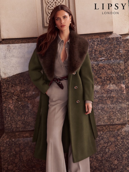 Olive Green - Lipsy Fur Collar Longline Belted Coat