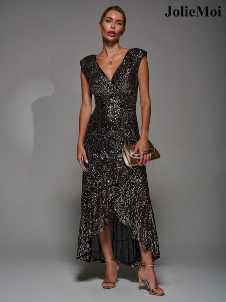 Jolie Moi Black Ground Sequin Asymmetric Ruffle Hem Maxi Dress (G64981) | £89