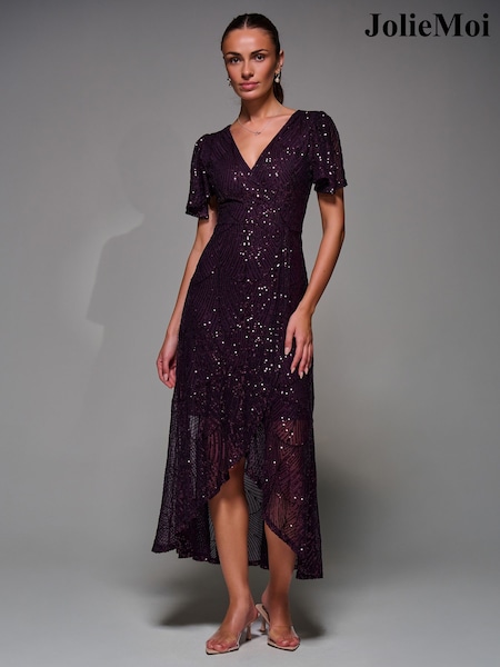 Jolie Moi Red Sequin Angel Sleeve Ruffle Hem Maxi Dress (G64989) | £95