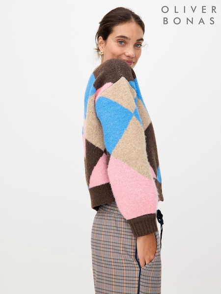 Oliver Bonas Pink Diamond Crew Neck Knitted Cardigan (G65200) | £72