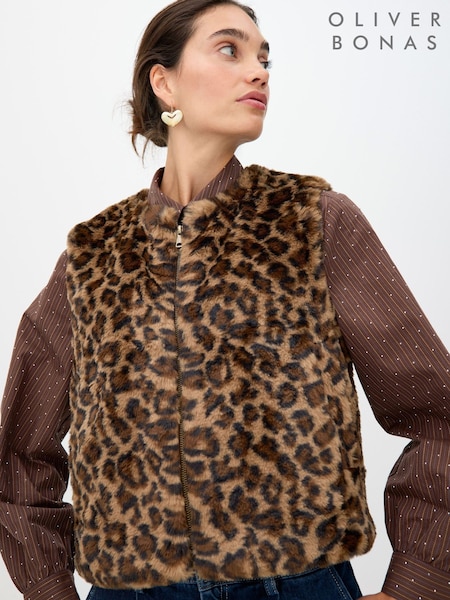 Oliver Bonas Brown Leopard Print Faux Fur Gilet (G65201) | £85