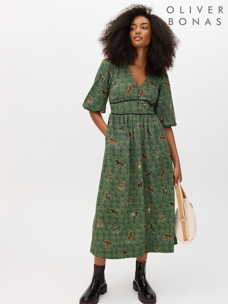 Oliver Bonas Green Horse Print V-Neck Midi Dress (G65228) | £82