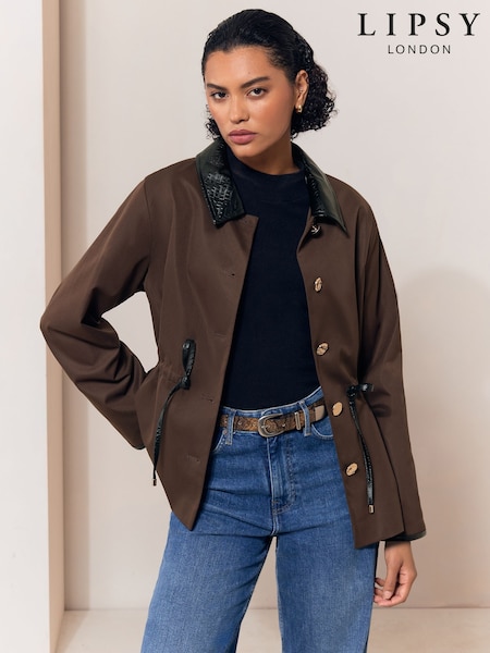 Chocolate Brown - Lipsy Short Trench Faux Leather Collar Coat