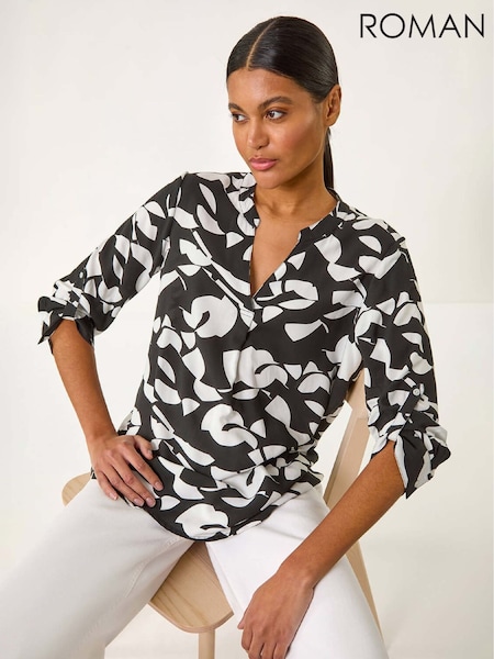 Roman Black Abstract Mono Pleat Detail Tunic Top (G65590) | £36