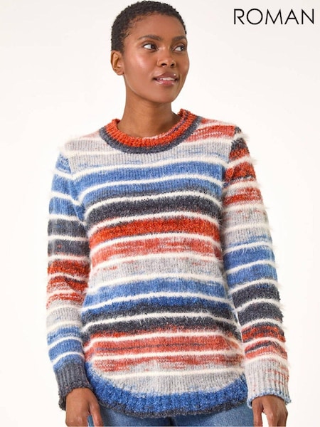 Roman Blue Fluffy Striped Curve Hem Jumper (G65600) | £48