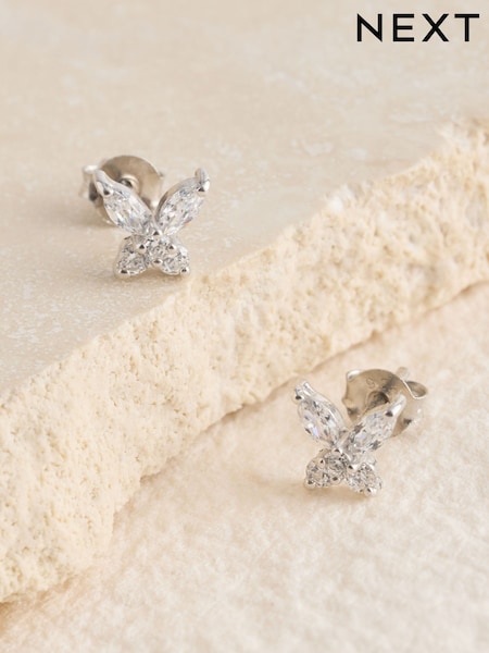 Sterling Silver - Butterfly Cubic Zirconia Stud Earrings