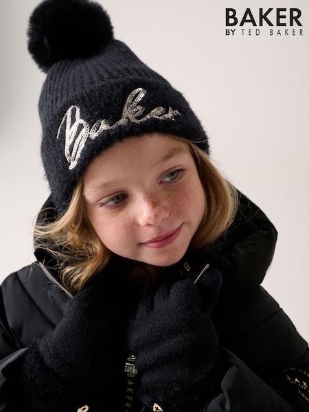 Black - Baker By Ted Baker Sequin Knitted Pom Hat And Gloves Set