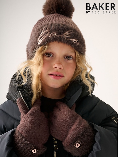 Chocolate Brown - Baker By Ted Baker Sequin Knitted Pom Hat And Gloves Set
