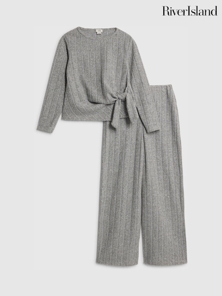 River Island Grey Long Sleeve Cosy Rib T-Shirt & Wide Leg Trousers Set (G65804) | £26