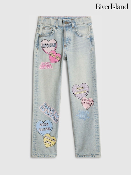 River Island Blue Loveheart Graffiti Straight Leg Jeans (G65817) | £32