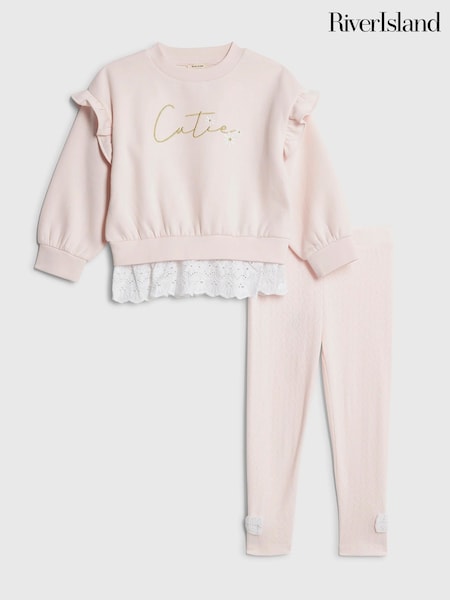 River Island Pink Broderie Frill Sweatshirt & Leggings Set (G65917) | £26