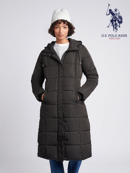 U.S. Polo Assn Black Longline Square Quilt Puffer Coat (G66078) | £175