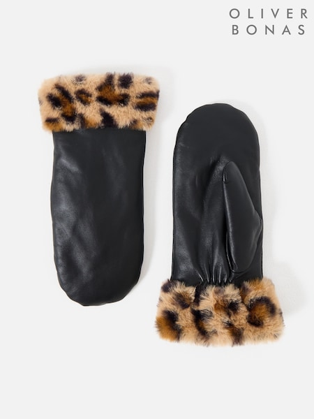 Oliver Bonas Black Leather Animal Print Faux Faur Mitten Gloves (G66106) | £49.50