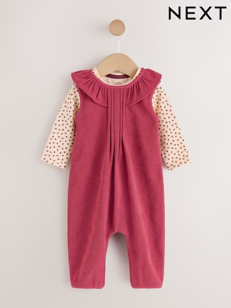 Red Corduroy - Baby Long Sleeve Bodysuit And Dungarees Set 2 Piece (0mths-2yrs)