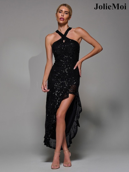 Jolie Moi Black Cross Neck Side Ruffle Sequin Dress (G66172) | £60