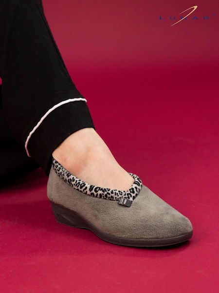 Lunar Grey Paloma Animal Print Trim Wedged Slippers (G66198) | £28