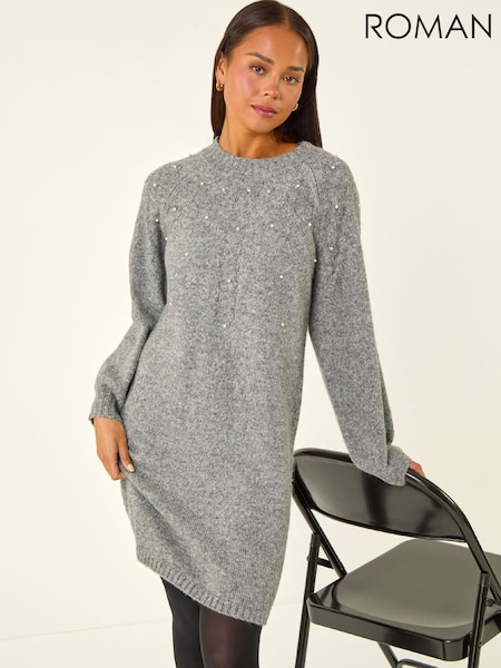 Roman Grey Petite Faux Pearl Knit Dress (G66272) | £52