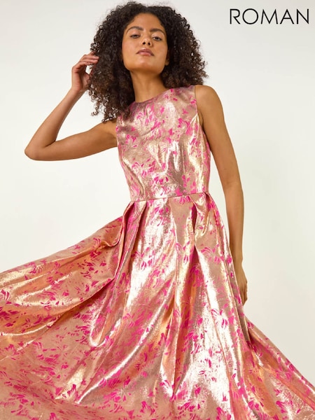 Roman Pink Metallic Jacquard Midi Dress (G66339) | £115