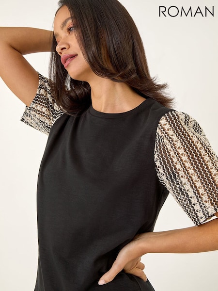 Roman Black Contrast Crochet Sleeve T-Shirt (G66356) | £35