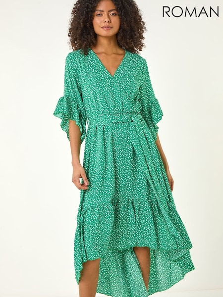 Roman Green Ditsy Floral Print Ruffle Midi Dress (G66357) | £58