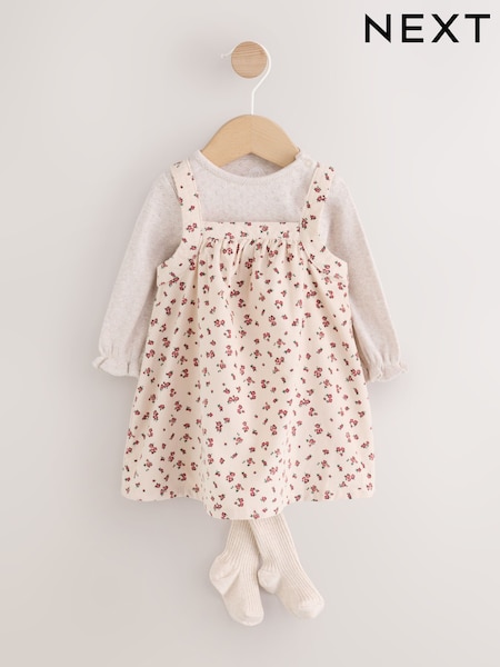 Ecru Floral Cord - Baby Pinafore Long Sleeve Bodysuit And Tights 3 Piece Set (0mths-2yrs)