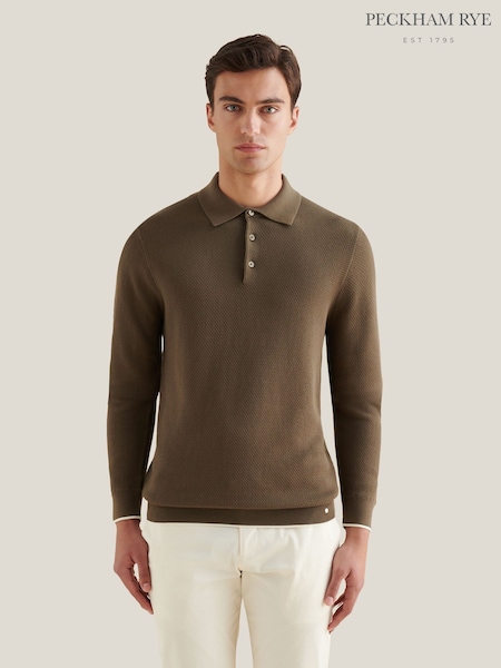 Peckham Rye Brown Knitted Textured Long Sleeve Polo Shirt (G66575) | £65