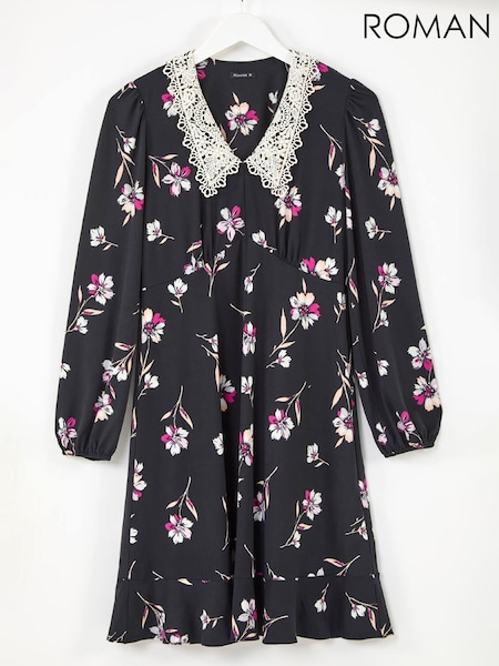 Roman Black Lace Collar Floral Print Midi Dress (G67047) | £50